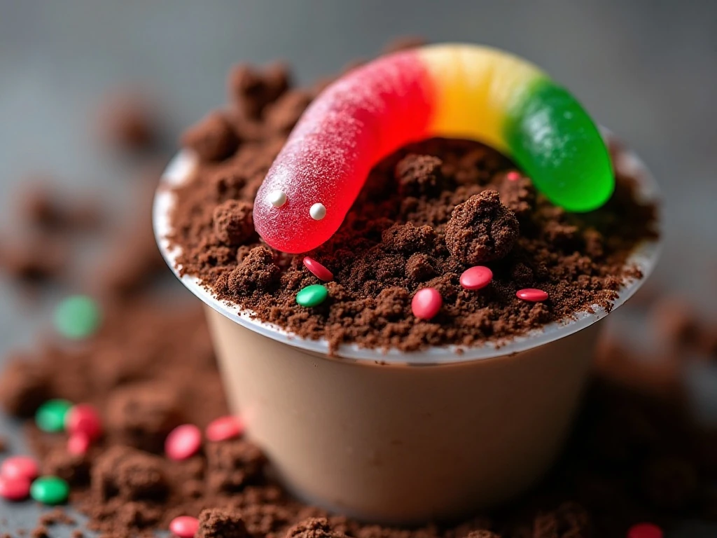 Cookie crumb texture and gummy worm garnish on a dirt cup