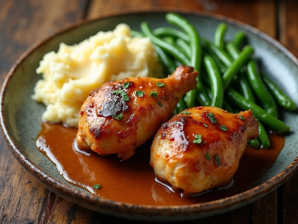 Juicy crockpot chicken thighs served with sauce, mashed potatoes, and green beans