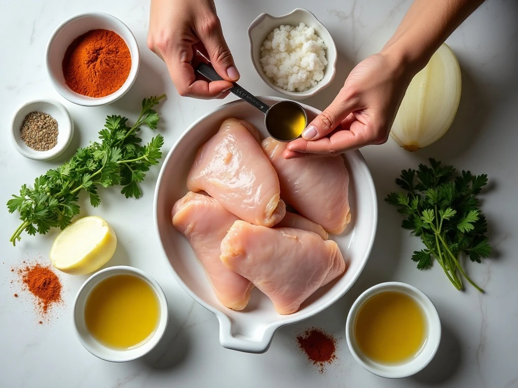 Ingredients for crockpot chicken thighs arranged for cooking