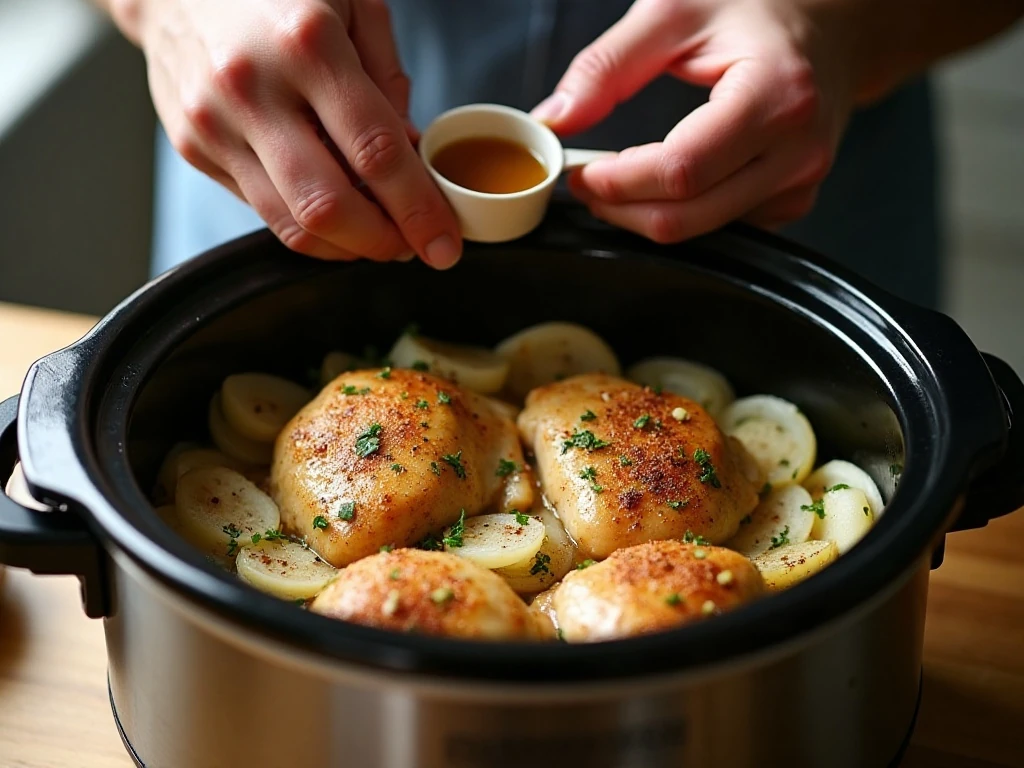 Seasoned chicken thighs arranged over onion and garlic in a slow cooker