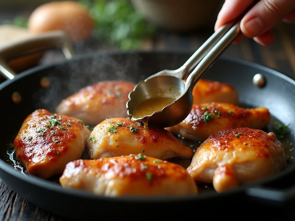 Chicken thighs browning in a skillet before slow cooking