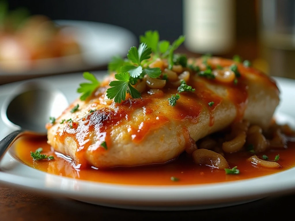 Tender chicken thigh with thickened onion-garlic sauce and parsley