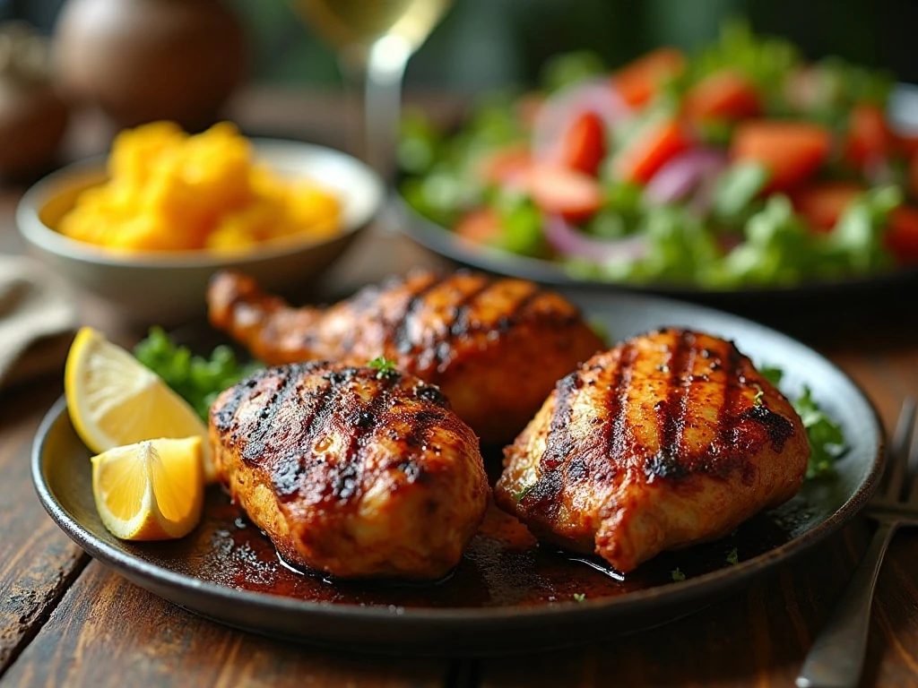 Juicy grilled chicken thighs served with lemon and grilled vegetables