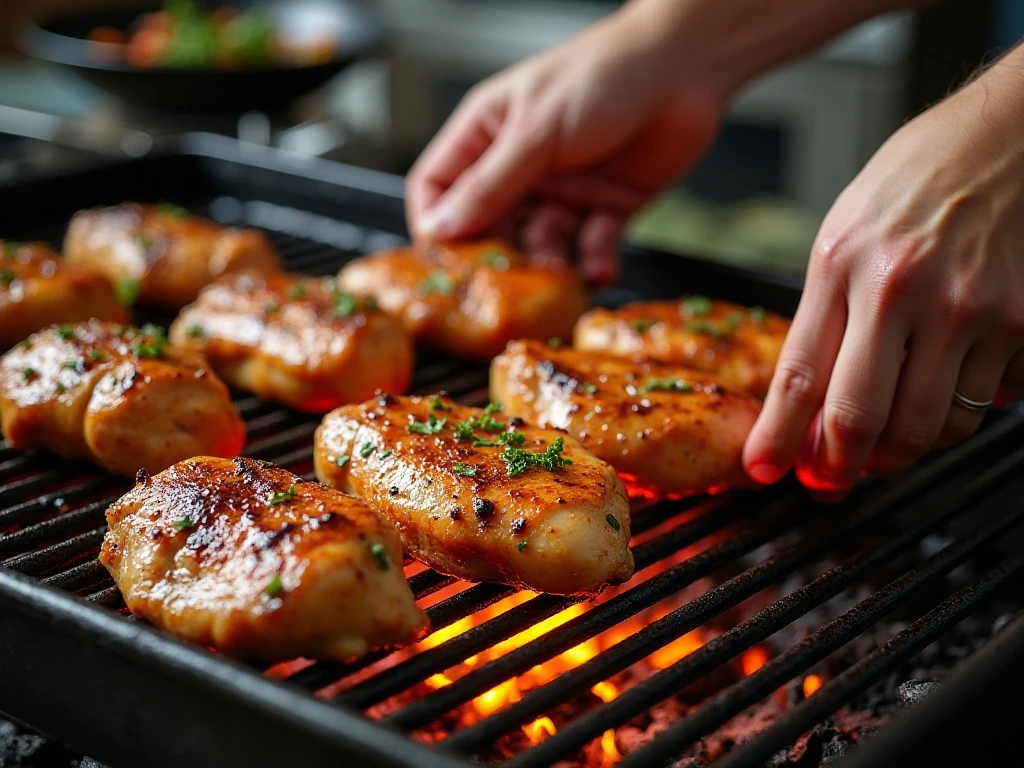 Chicken thighs being placed on a hot grill