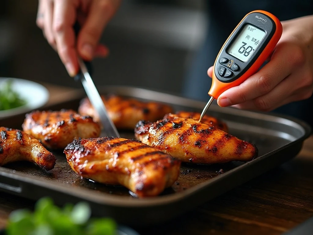 Instant-read thermometer checking grilled chicken thigh temperature