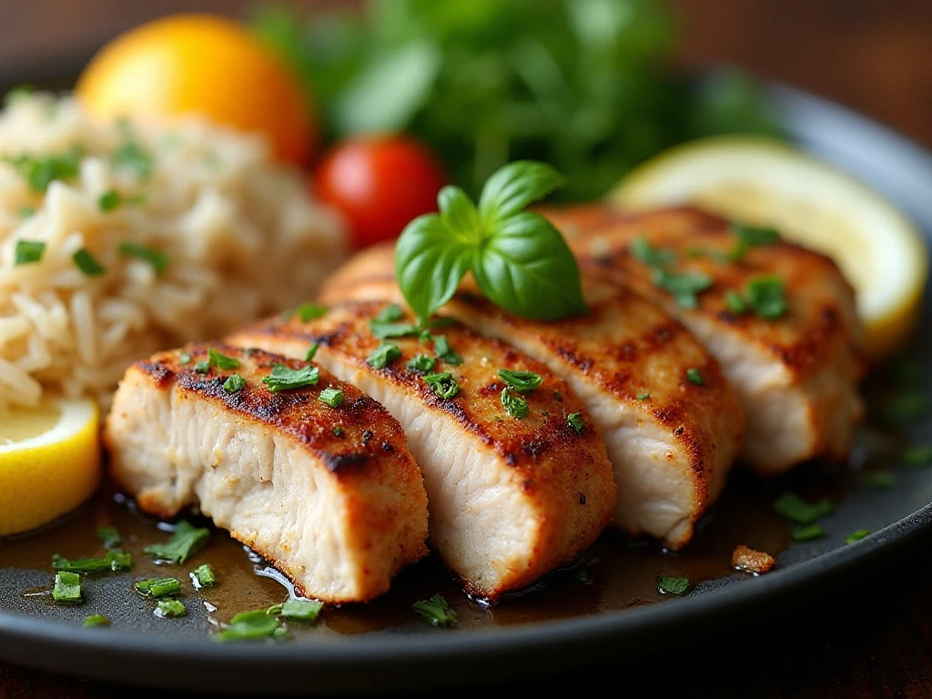 Sliced grilled chicken thighs with fresh herb garnish