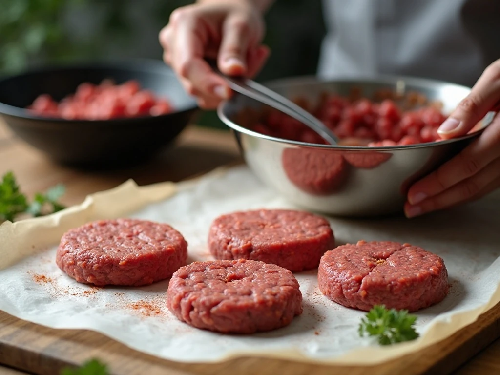 Shaping homemade burger patties with center indentations