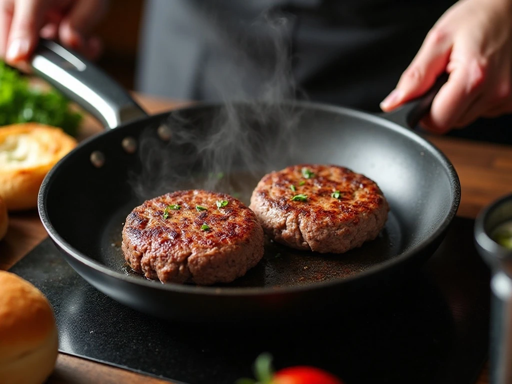 Burger patties browning in a heavy skillet