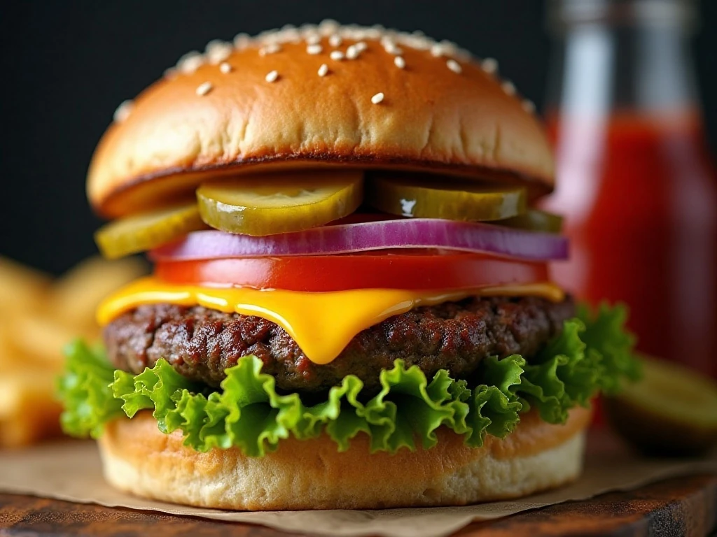 Close-up of a burger with cheese and fresh toppings