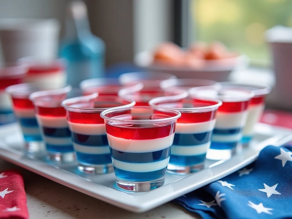 Red white and blue July 4th jello shots arranged on a festive serving tray