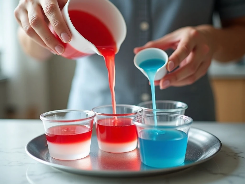 Layering red white and blue gelatin in individual jello shot cups