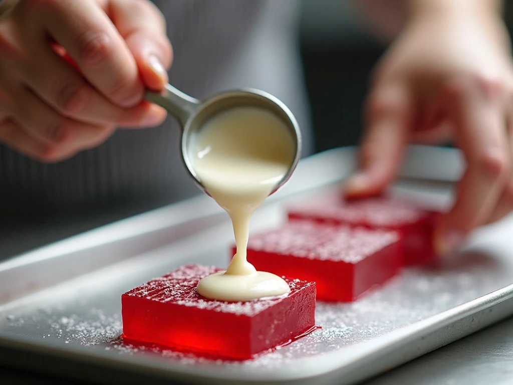 Pouring the creamy white layer gently to create clean jello shot stripes