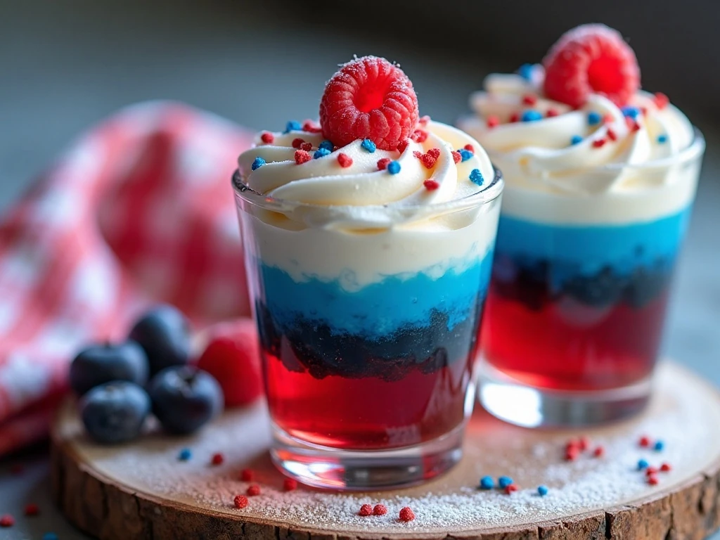 Garnished patriotic jello shots with whipped cream berries and sprinkles