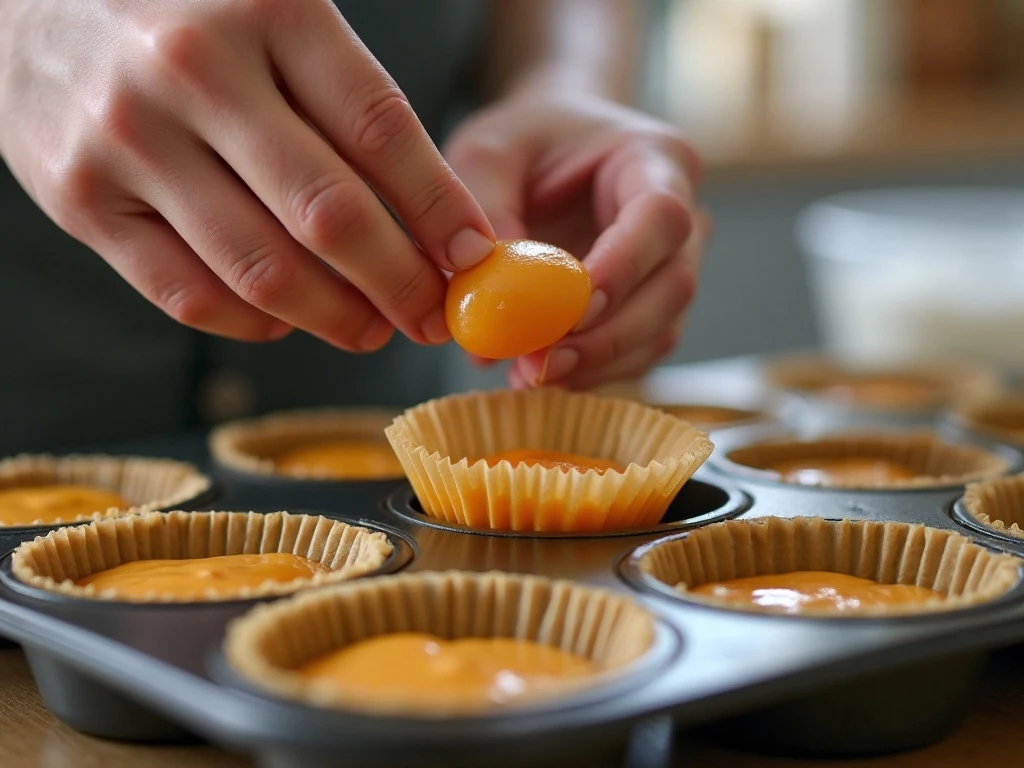 Placing caramel candies into pumpkin muffin batter
