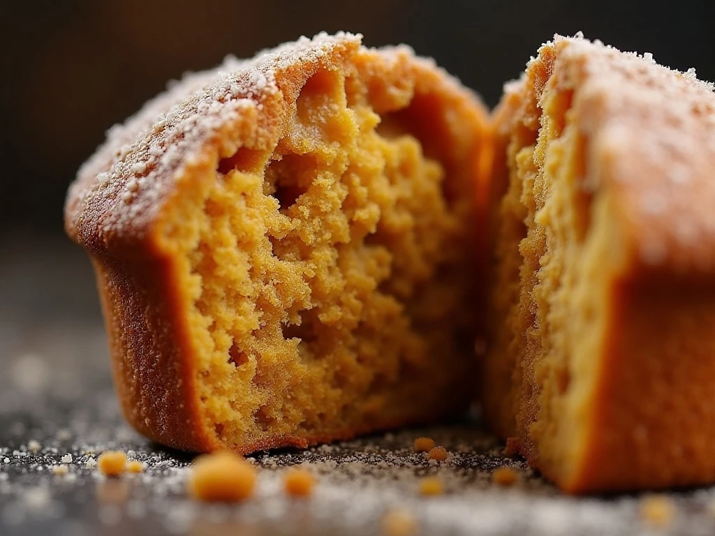 Soft caramel center and coarse sugar topping on a pumpkin muffin