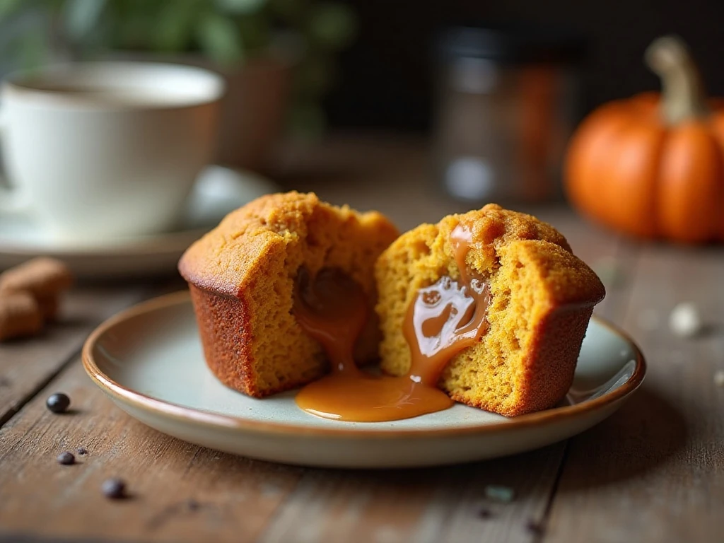 Warm caramel-stuffed pumpkin muffin served with coffee