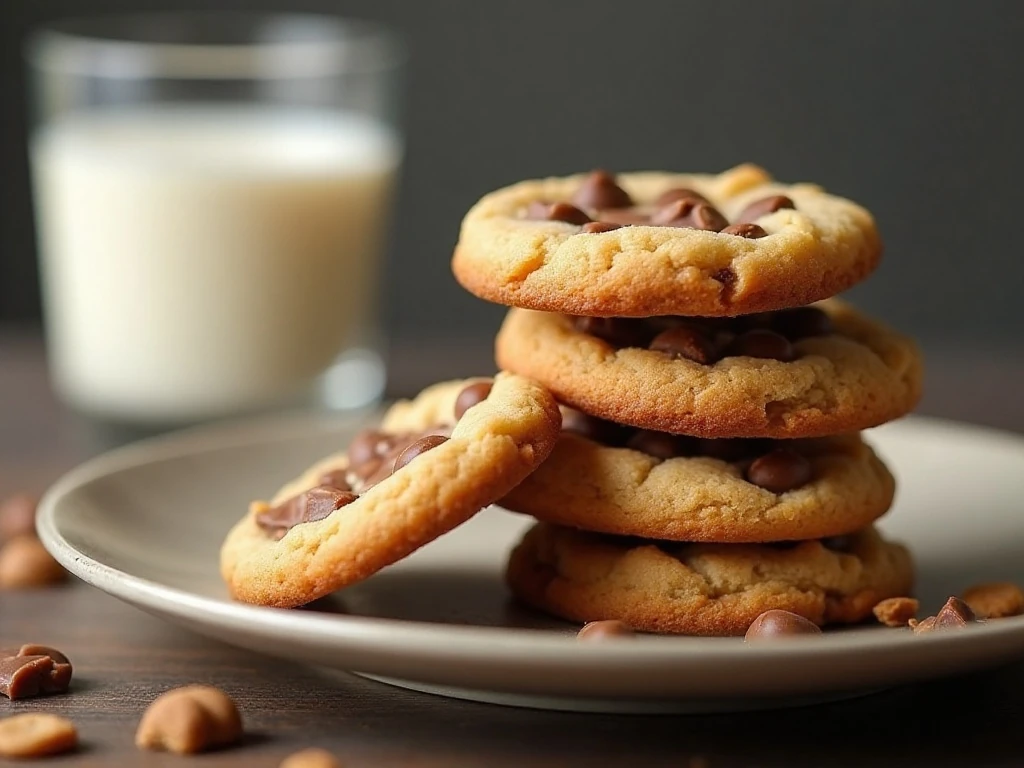 Stack of giant jumbo peanut butter cup cookies with chocolate candy pieces