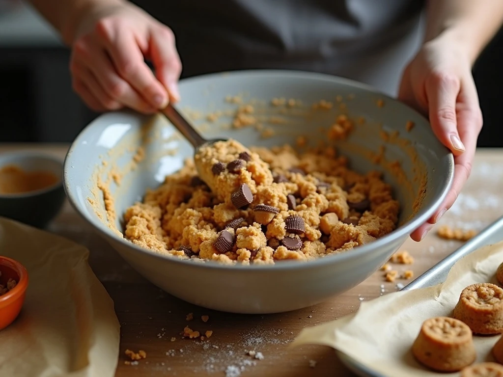 Folding chopped peanut butter cups into cookie dough