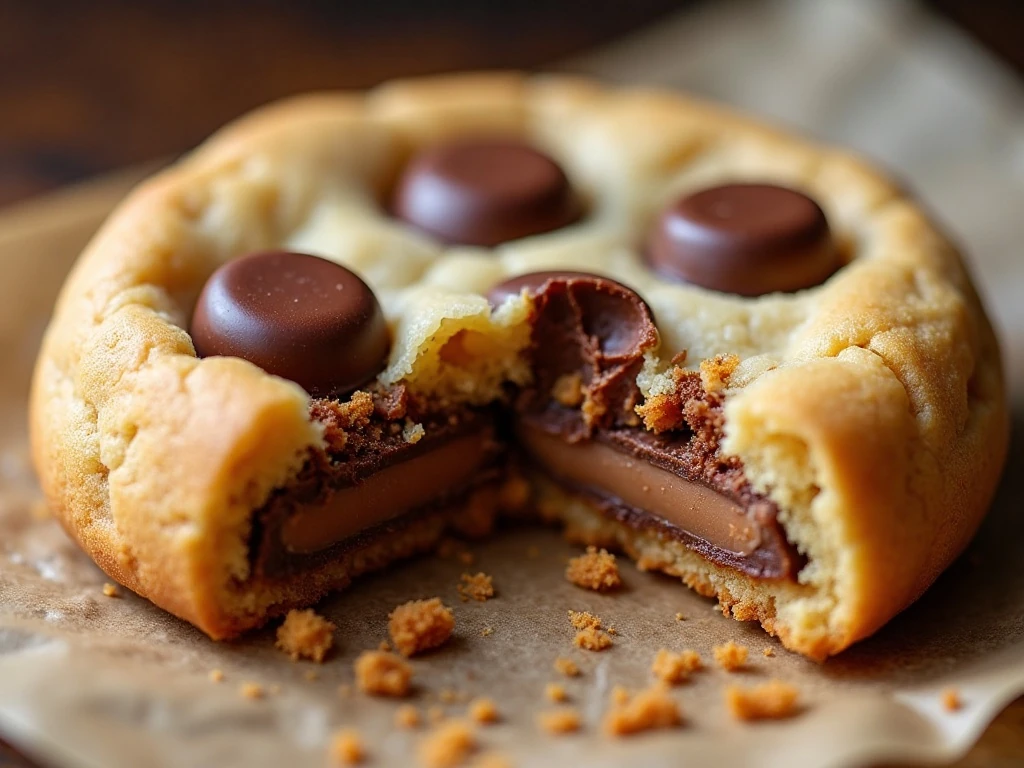 Soft center and melted peanut butter cup pieces inside a jumbo cookie