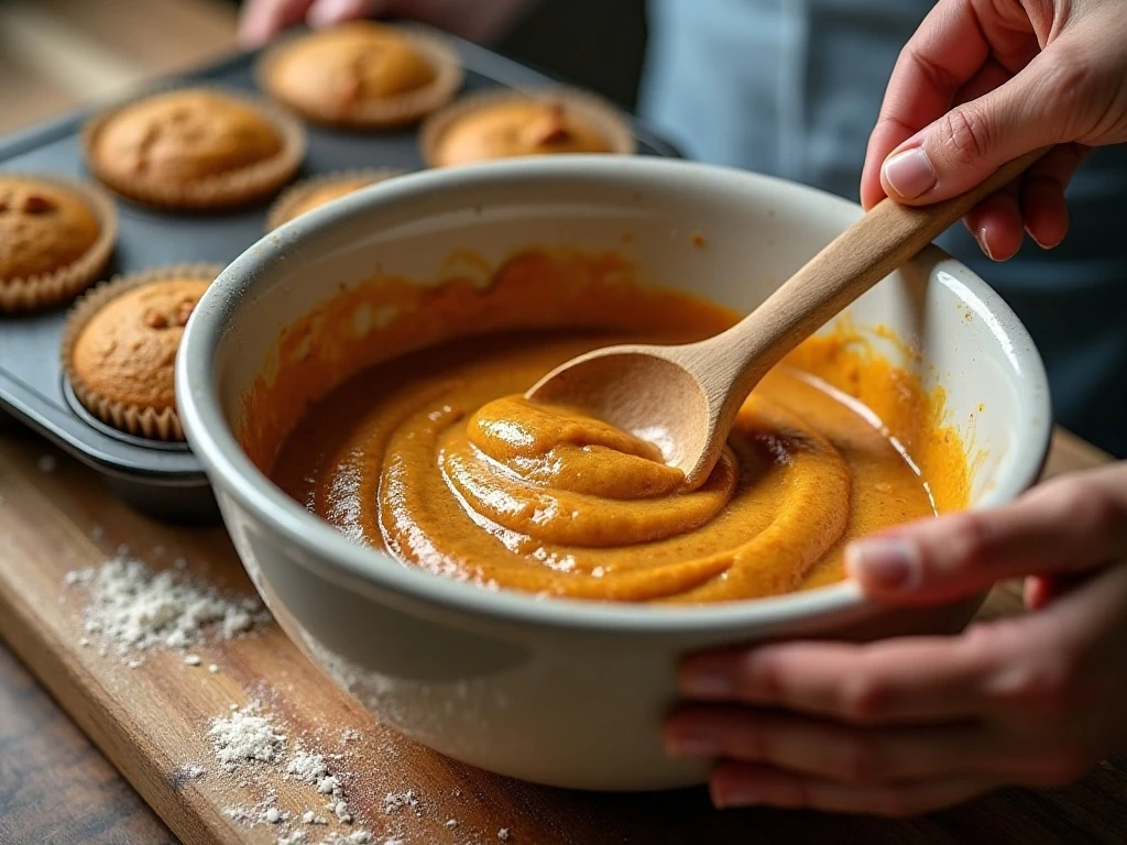 Mixing pumpkin muffin batter before baking