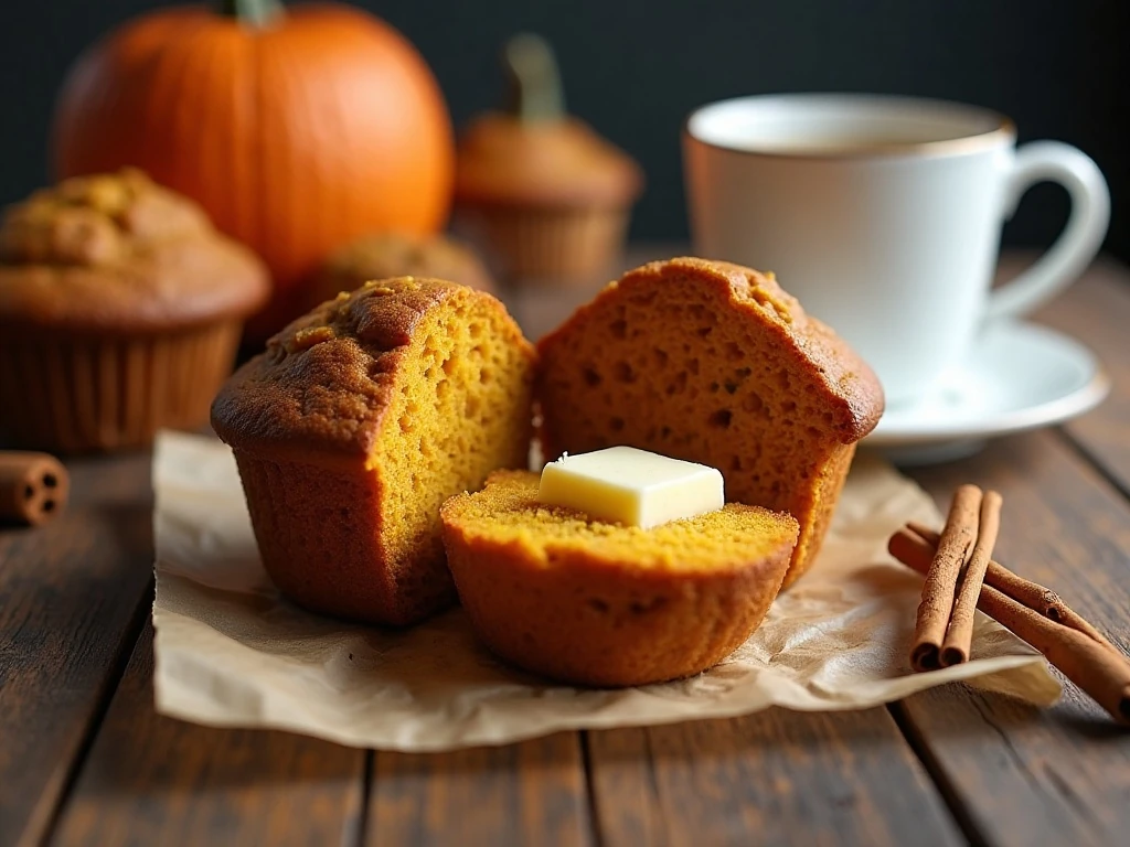 Moist pumpkin muffin served with coffee and butter