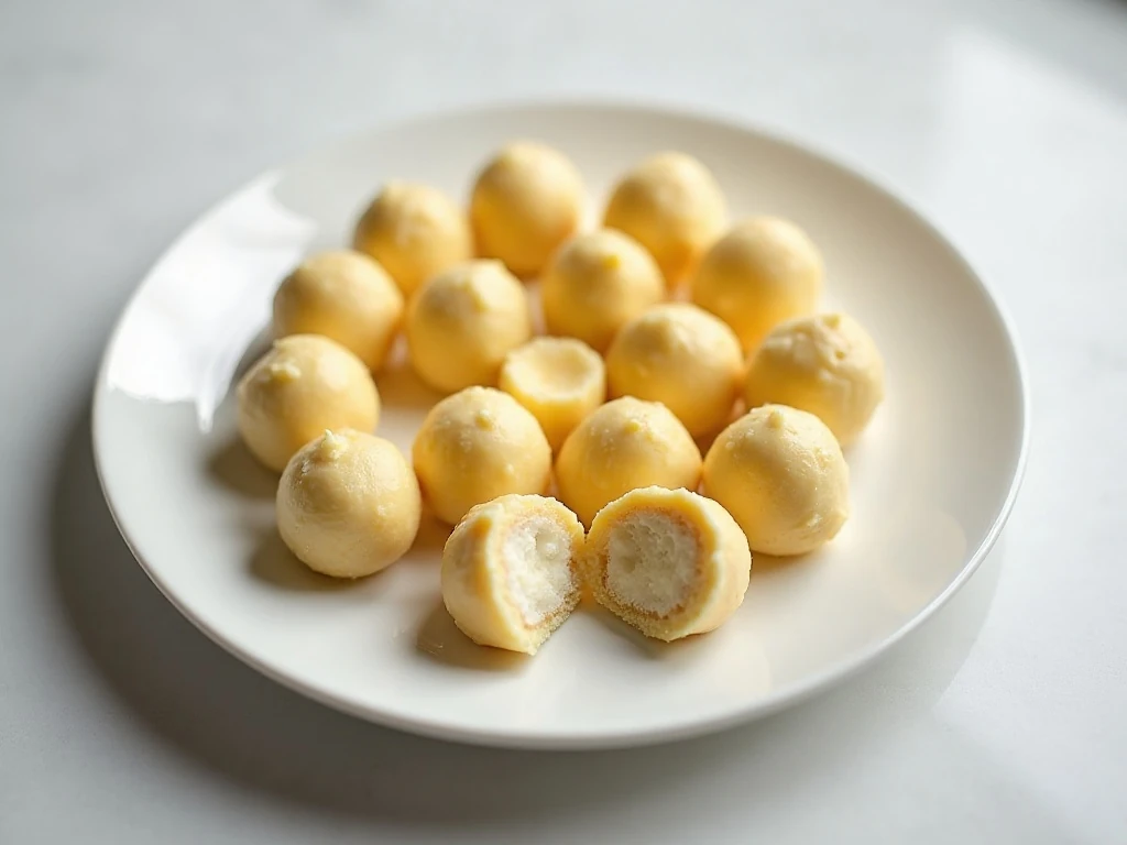 Small creamy keto cheesecake fat bombs arranged on a serving plate
