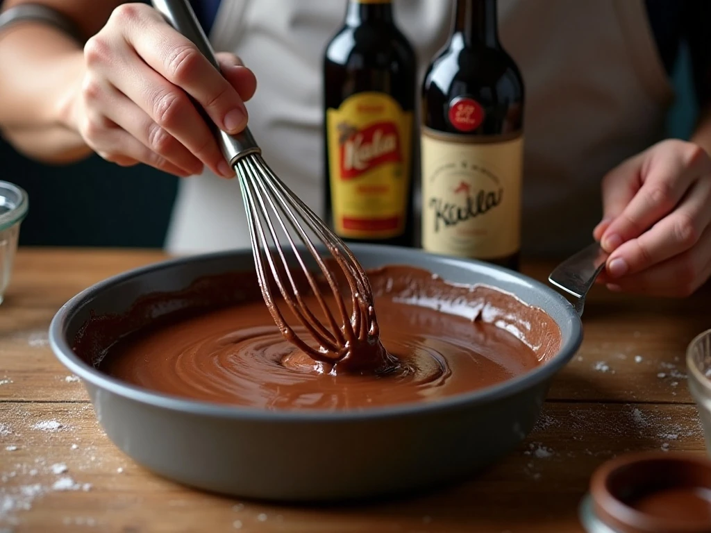 Mixing batter for an egg-free Kahlúa chocolate cake