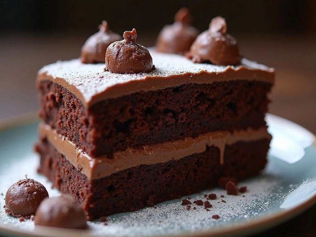 Kahlúa cake slice with chocolate curls and coffee glaze