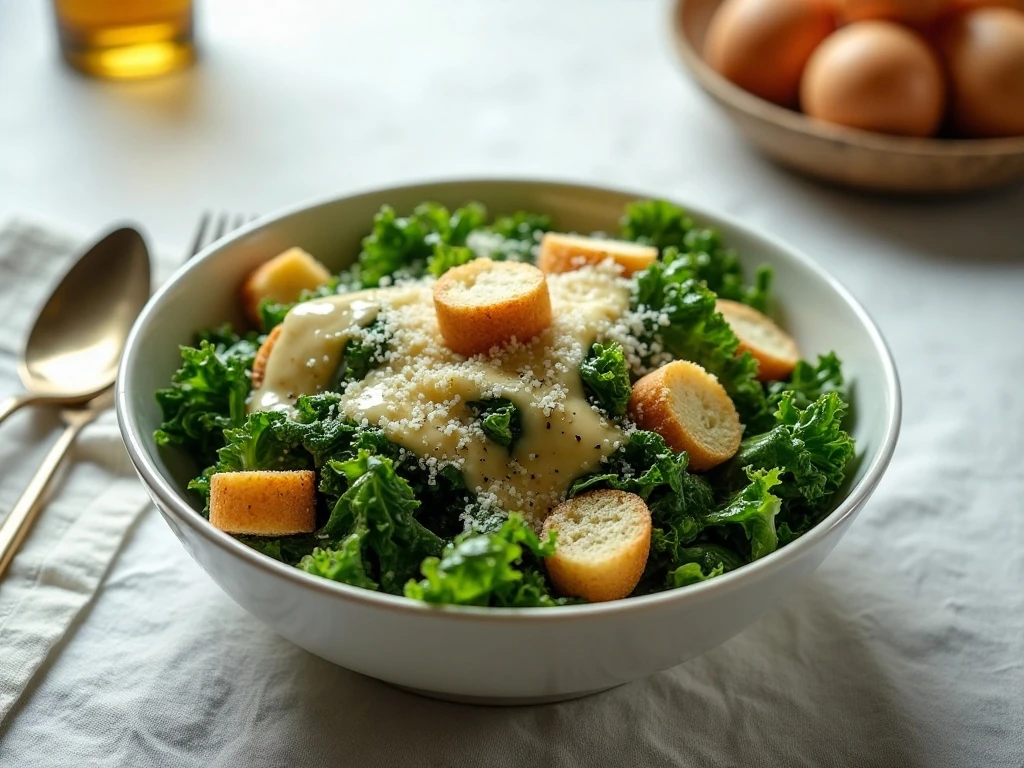 Fresh kale Caesar salad with Parmesan and golden croutons