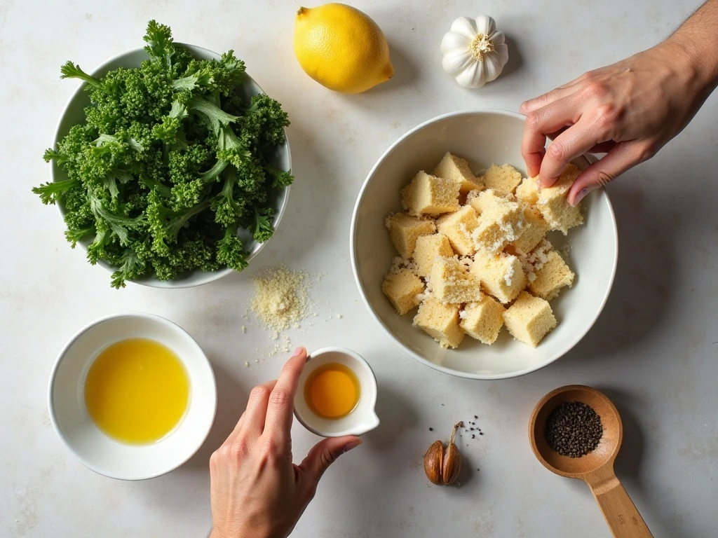 Ingredients for homemade kale Caesar salad and dressing