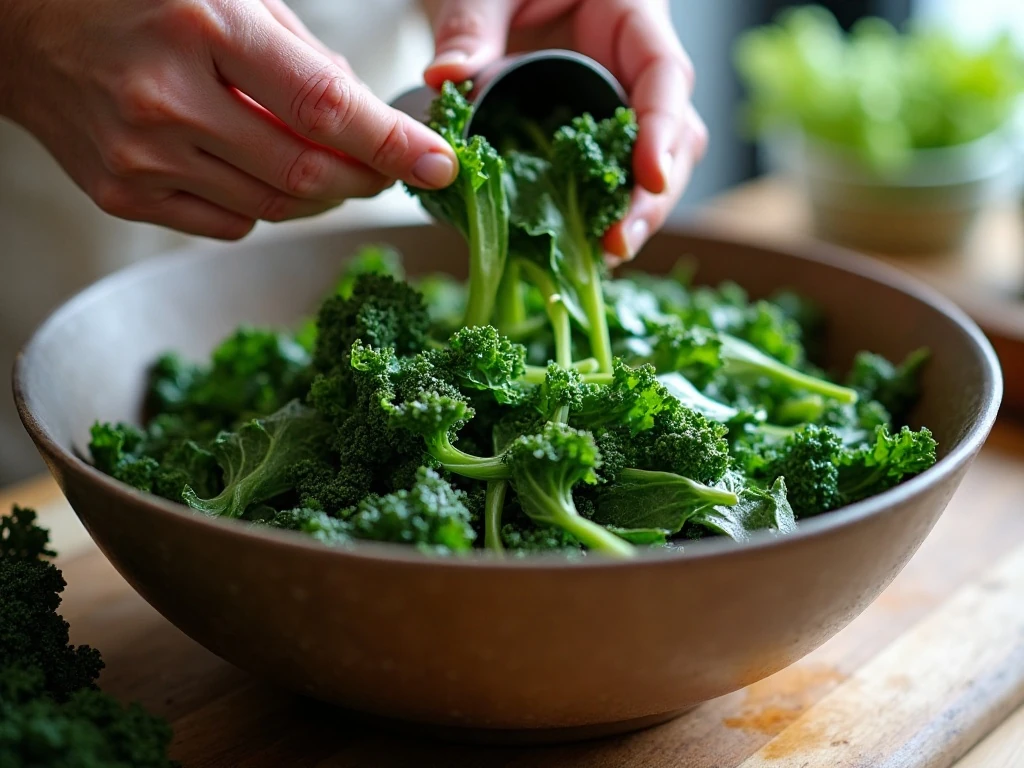 Massaging sliced kale to tenderize it for Caesar salad