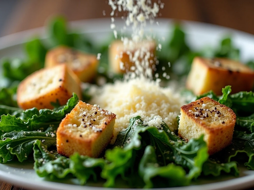 Parmesan and black pepper finishing a kale Caesar salad