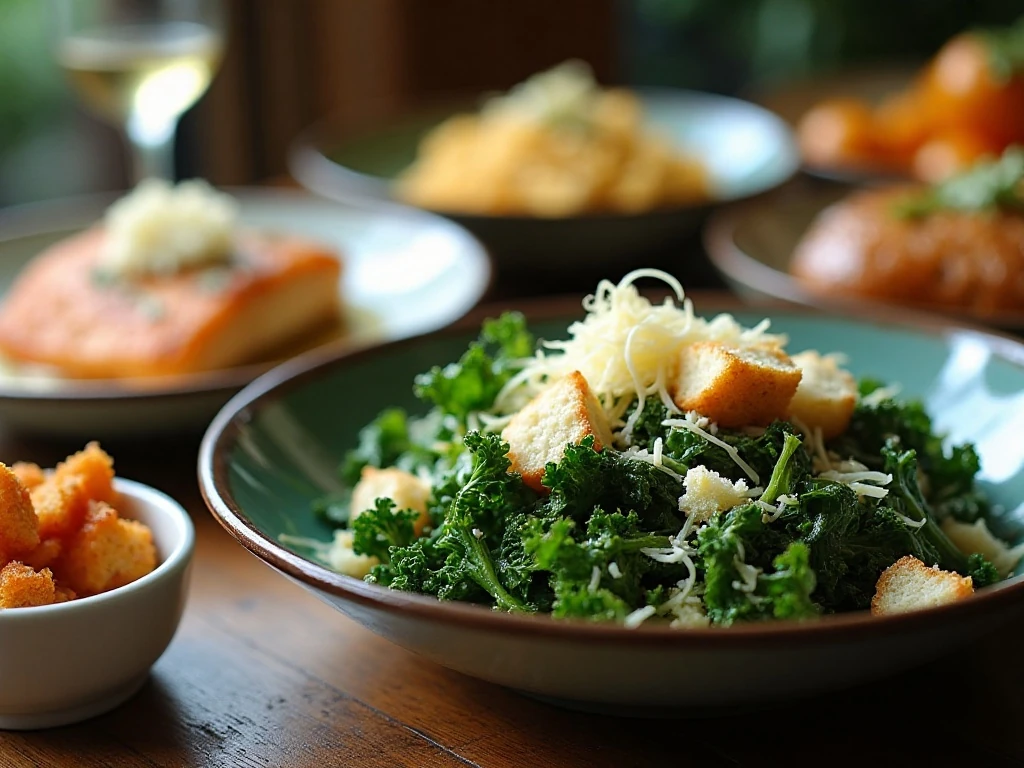 Kale Caesar salad served as a hearty dinner side dish