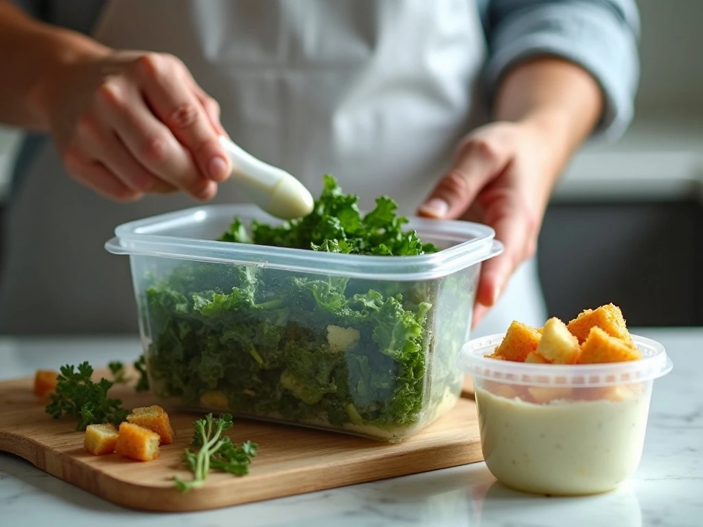Make-ahead kale Caesar salad components stored separately