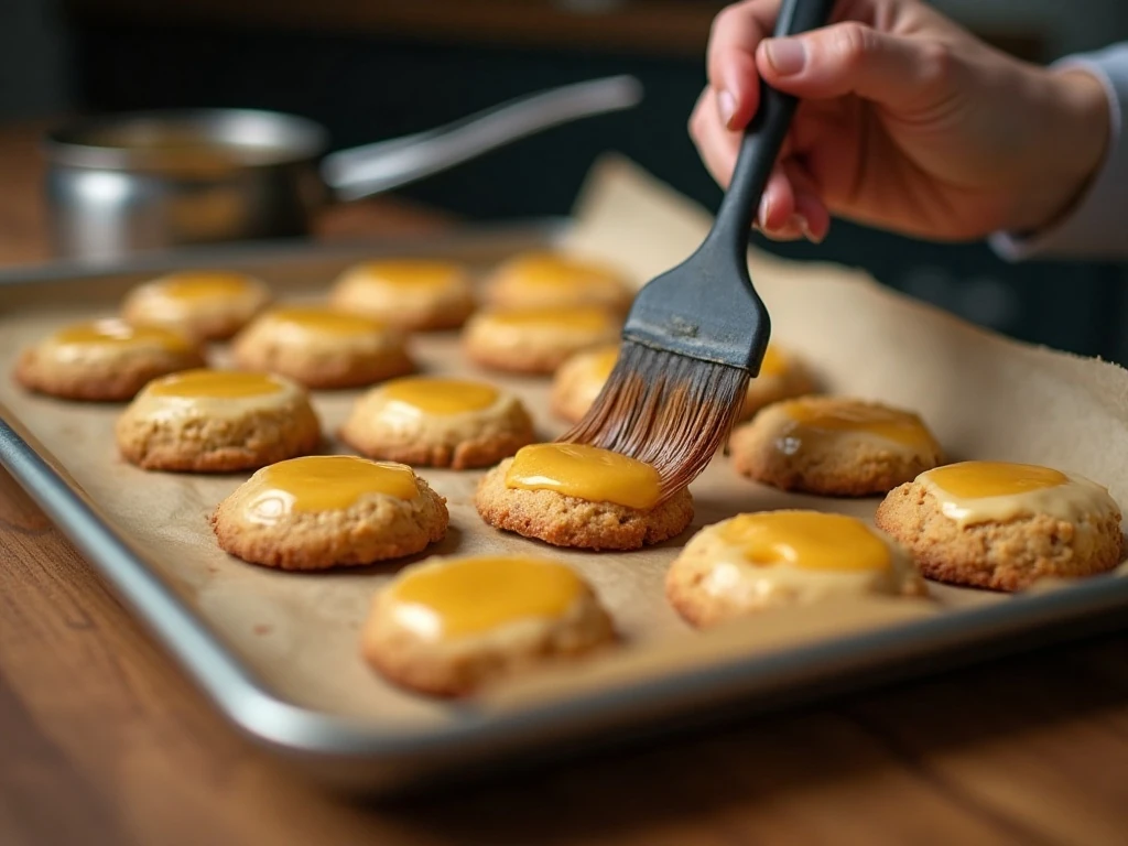 Brushing warm bourbon glaze over freshly baked butter cookies