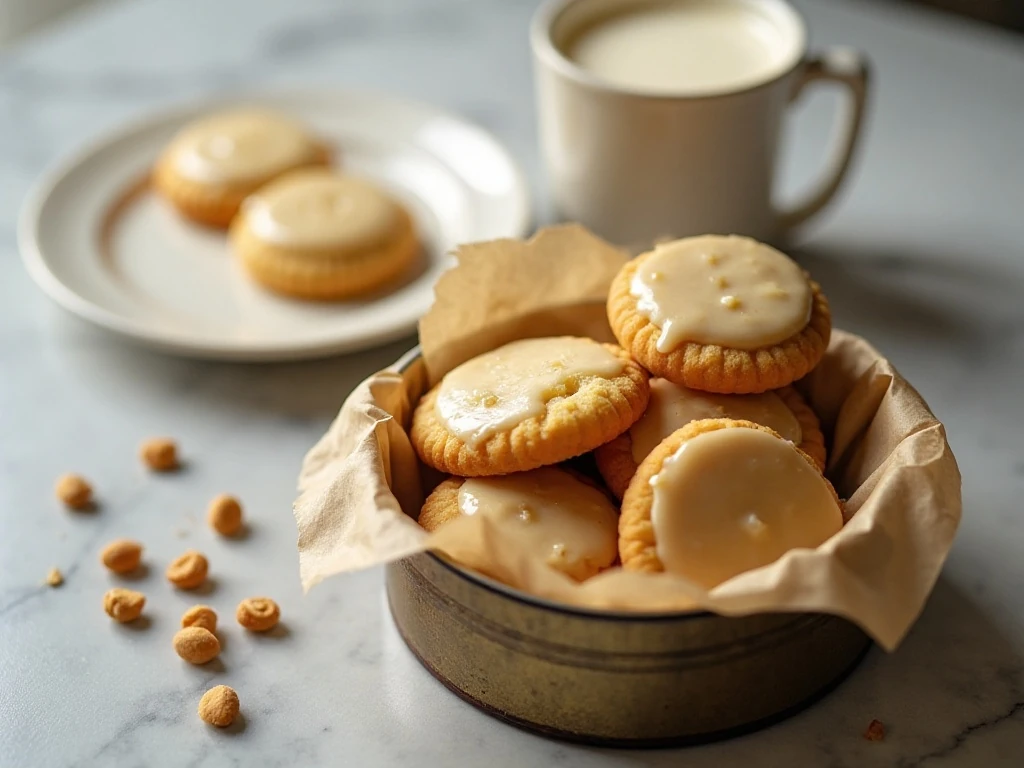 Kentucky butter cookies stored in a parchment-lined cookie tin