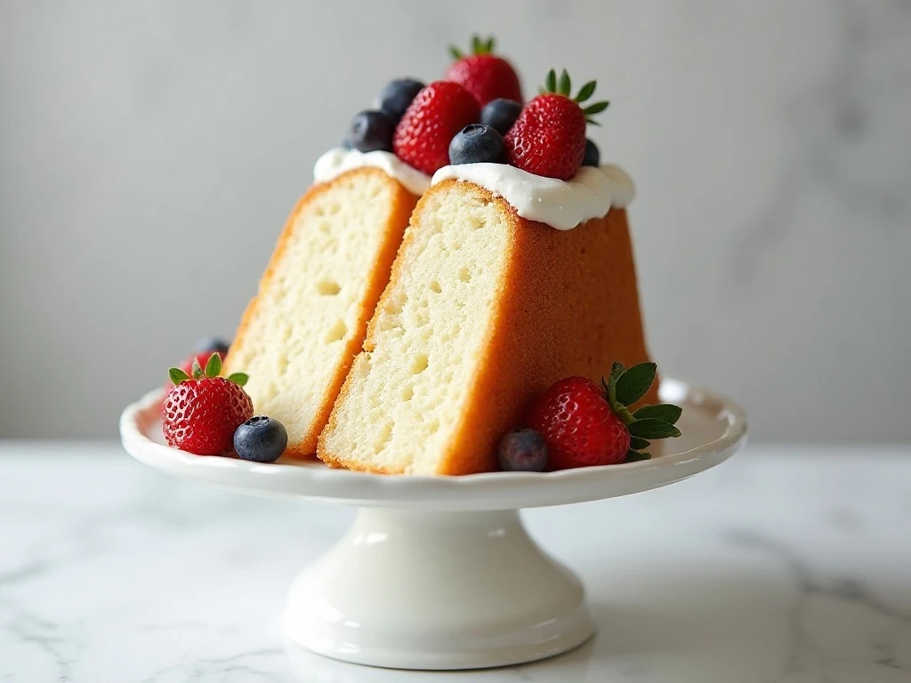 Light and airy keto angel food cake served with fresh berries