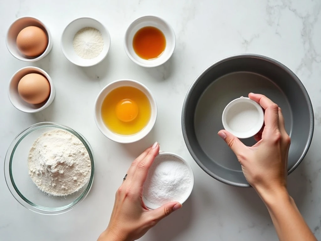 Ingredients for keto angel food cake arranged beside a tube pan