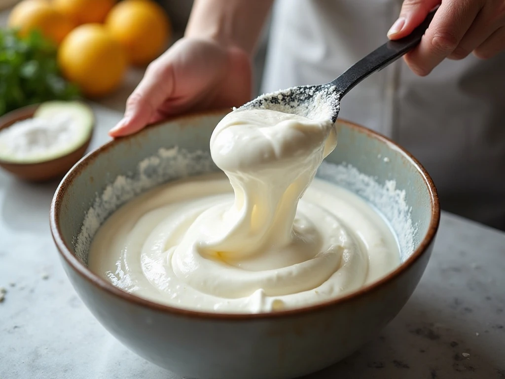 Folding sifted coconut flour into whipped egg whites for angel food cake