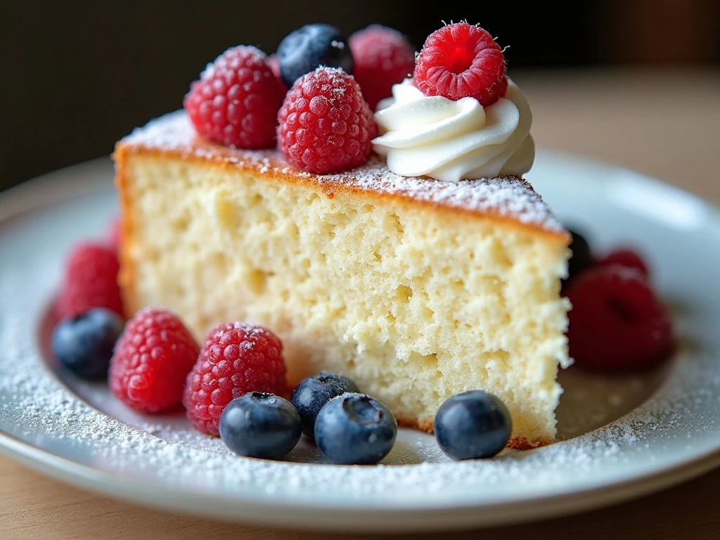 Keto angel food cake slice with berries and whipped cream