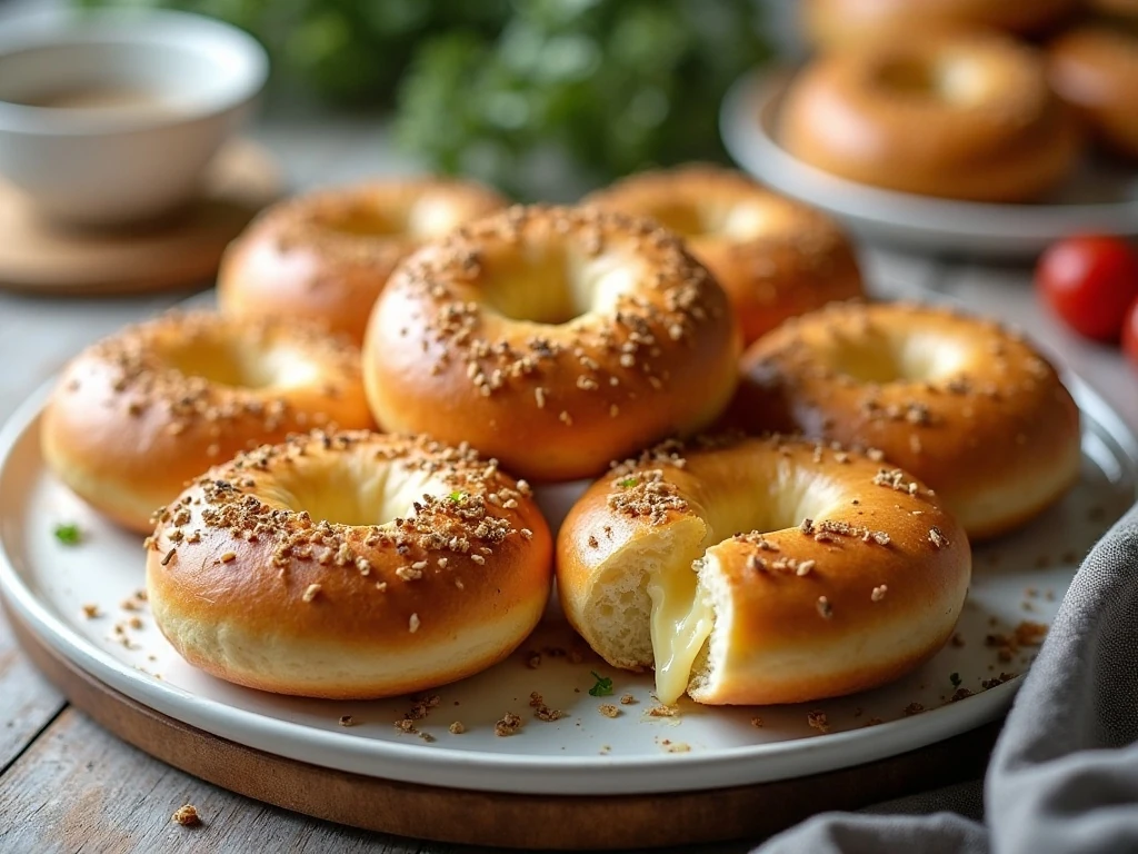 Golden homemade keto Asiago bagels arranged on a serving platter