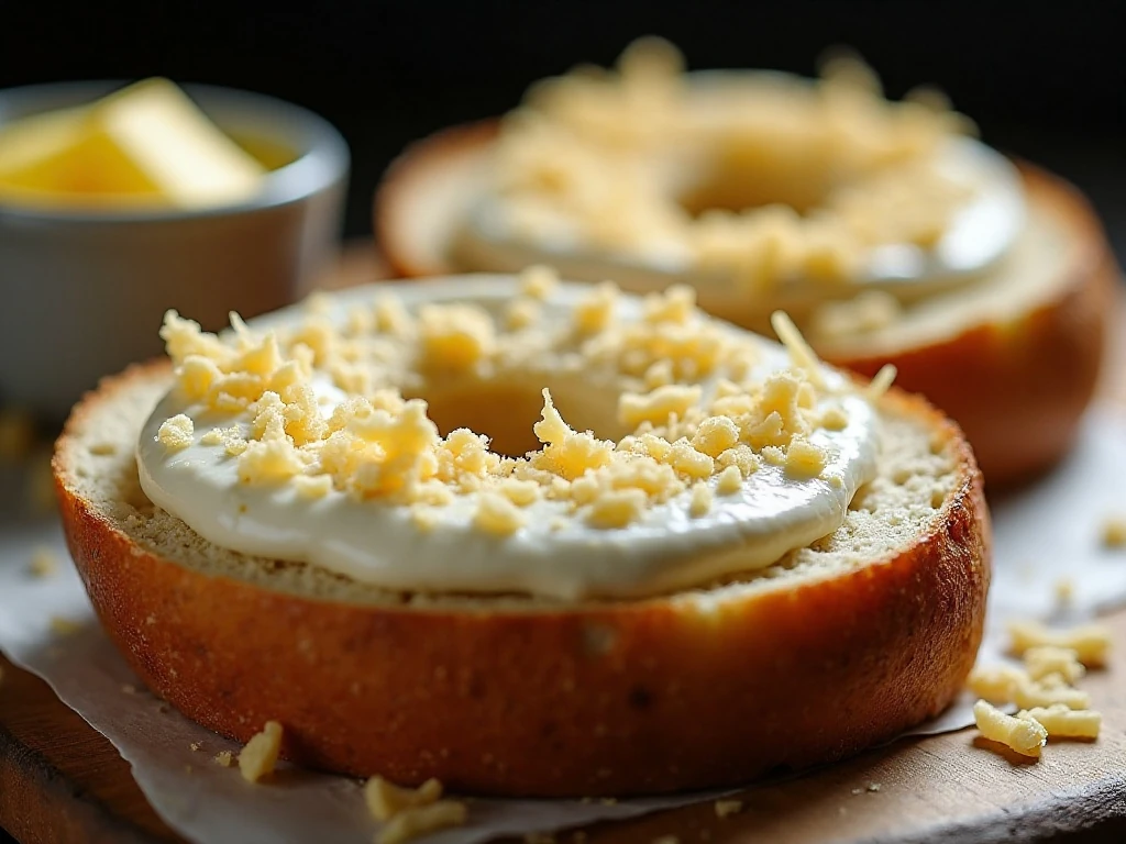 Sliced keto Asiago bagel with cream cheese and grated cheese