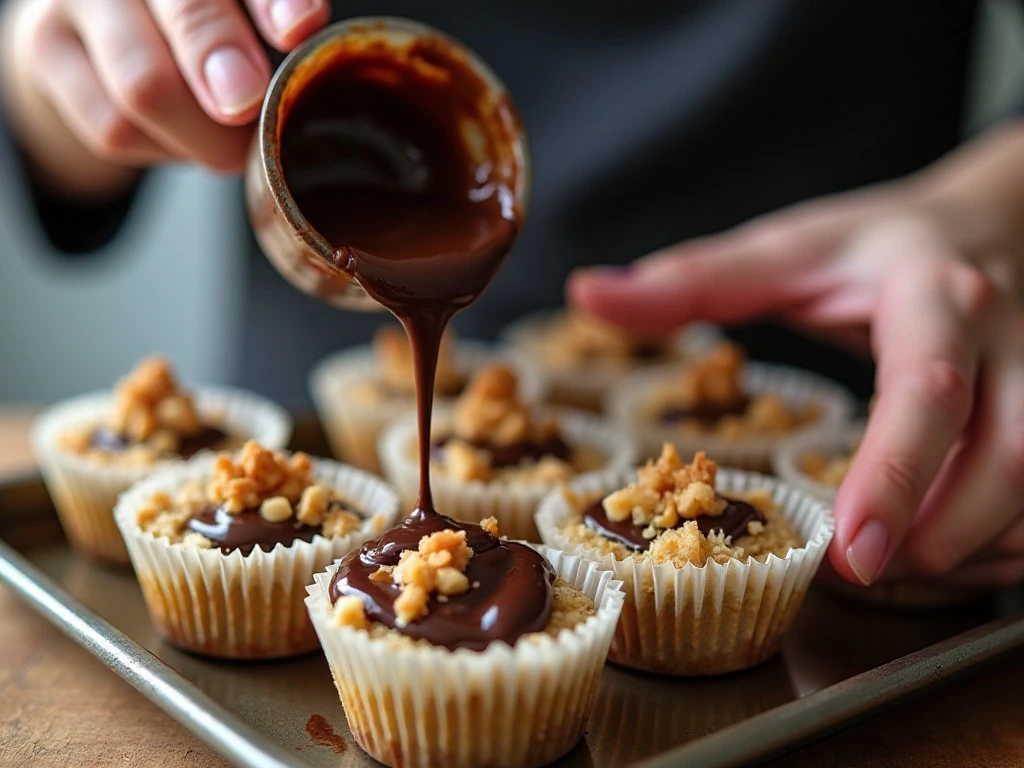 Melted chocolate being spooned over nuts and coconut in muffin liners