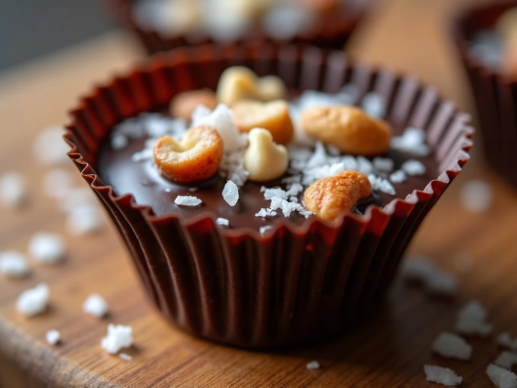 Close-up of keto chocolate bark topped with nuts coconut and sea salt