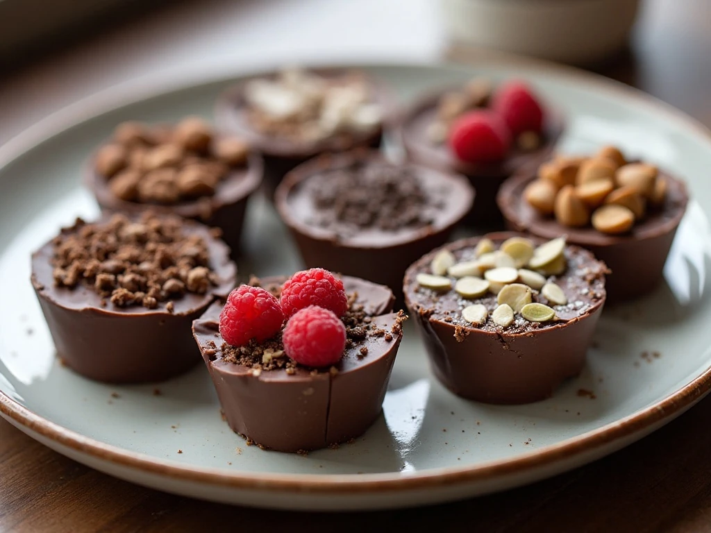 Finished keto chocolate bark cups arranged on a dessert platter