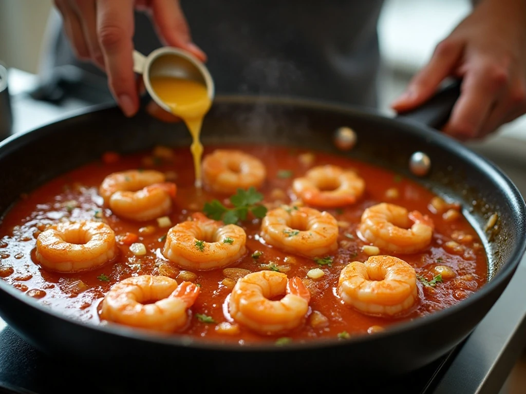 Shrimp simmering in coconut curry sauce