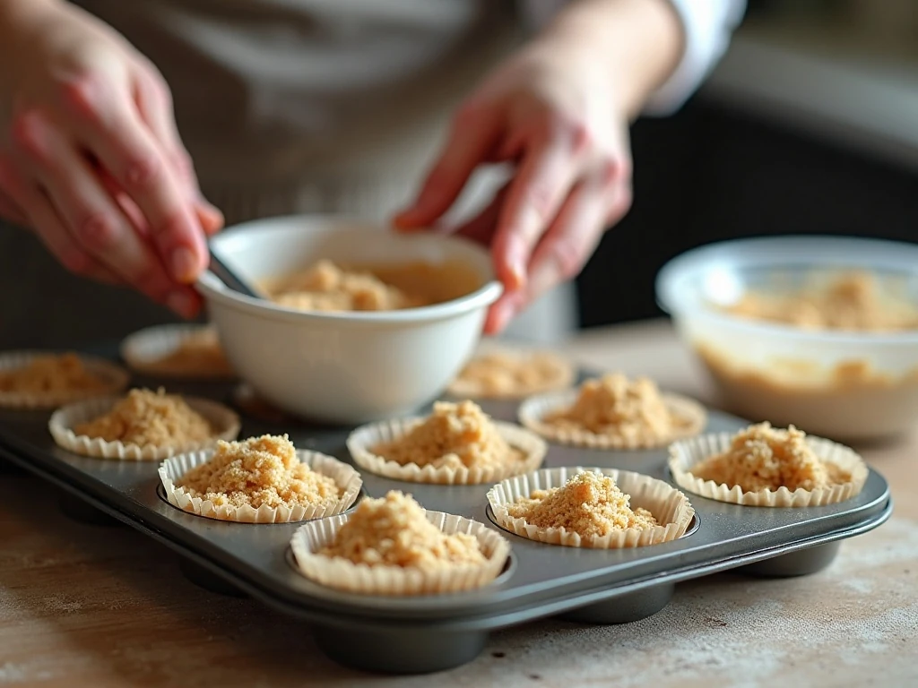 Pressing almond flour cheesecake crust into a lined muffin pan
