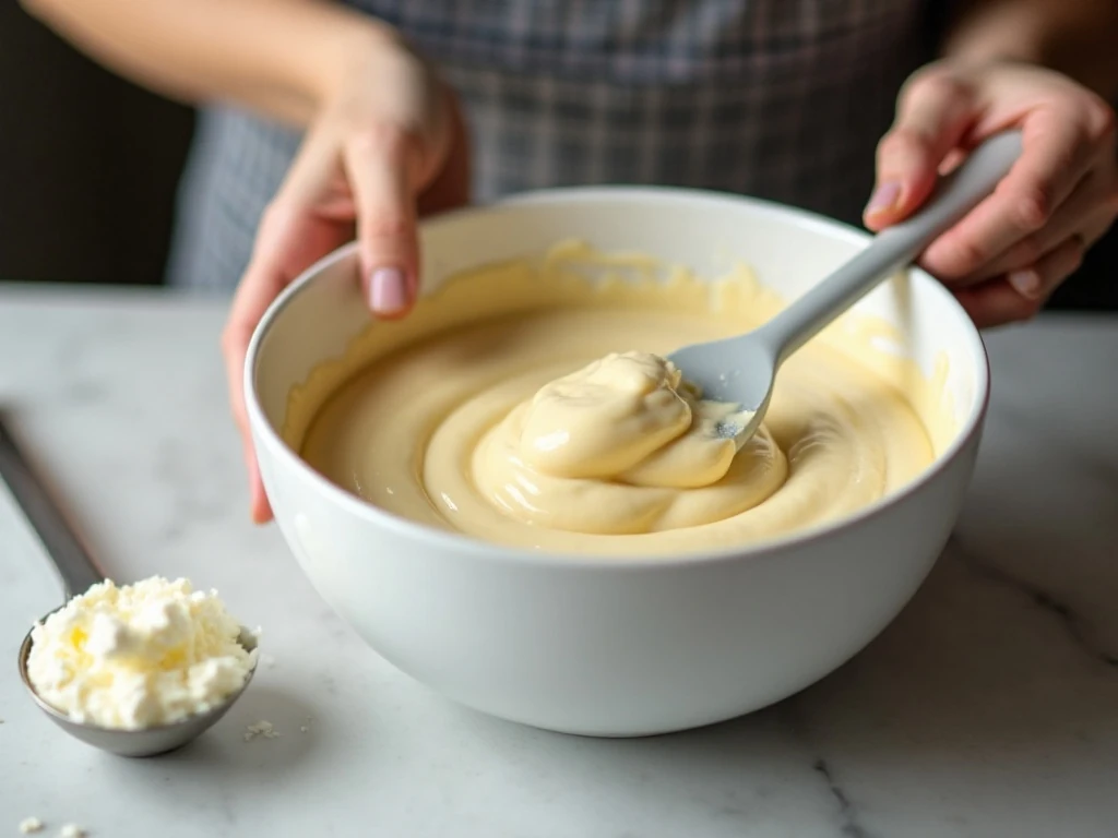 Smooth cheesecake batter prepared with room-temperature ingredients