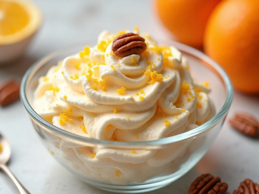 Creamy keto orange fluff salad served in a clear glass bowl