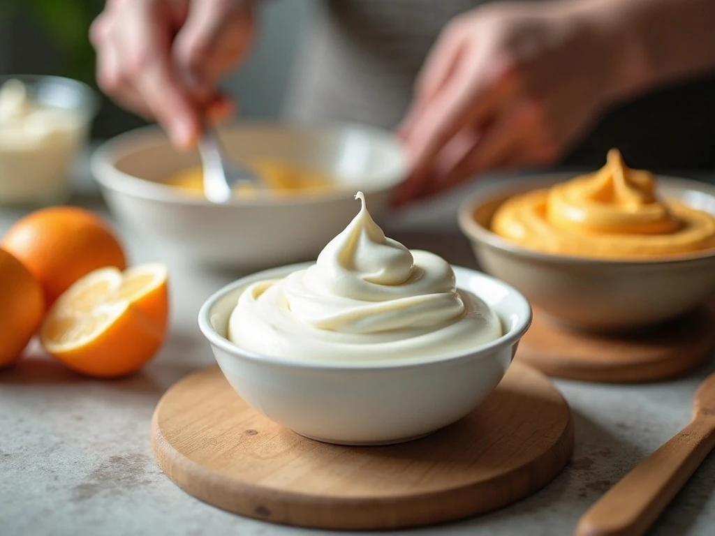 Whipped cream and orange cream cheese mixture prepared for folding